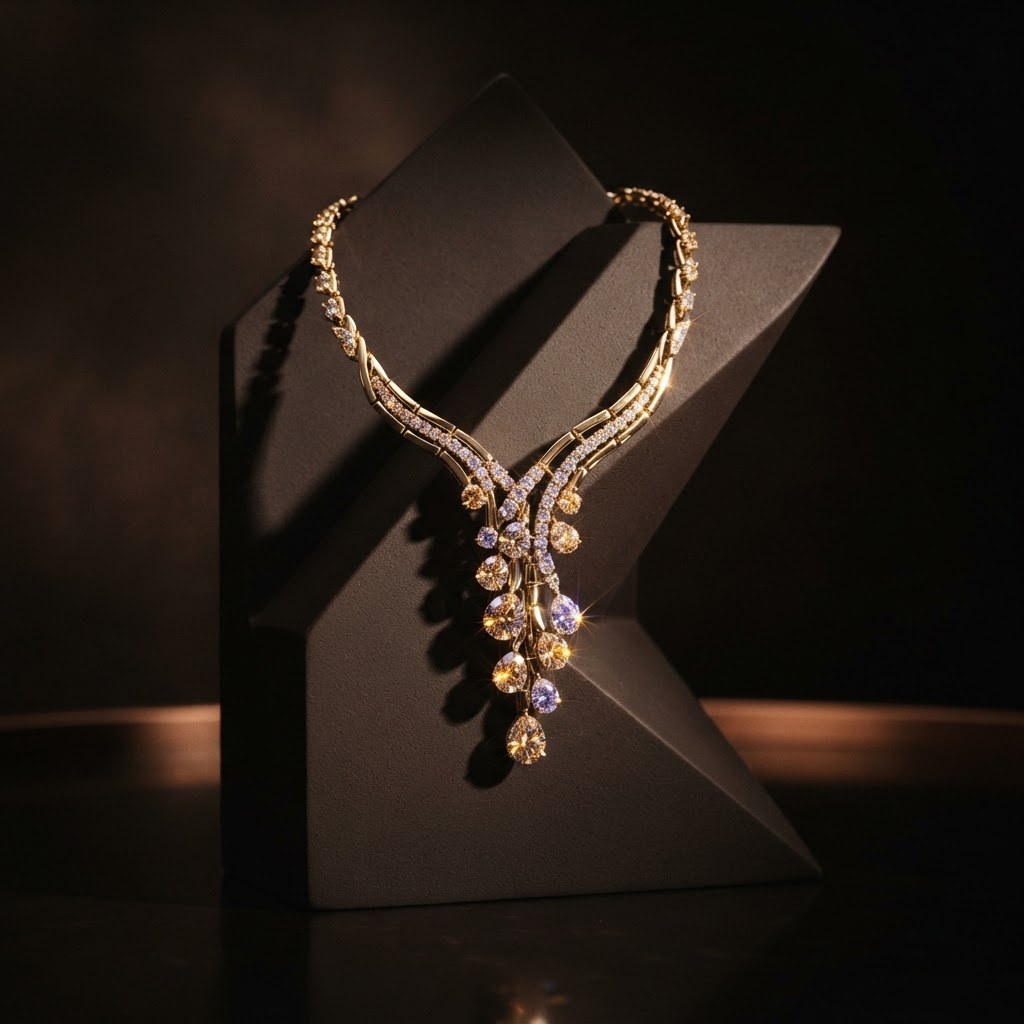 Diamond drop necklace on display stand