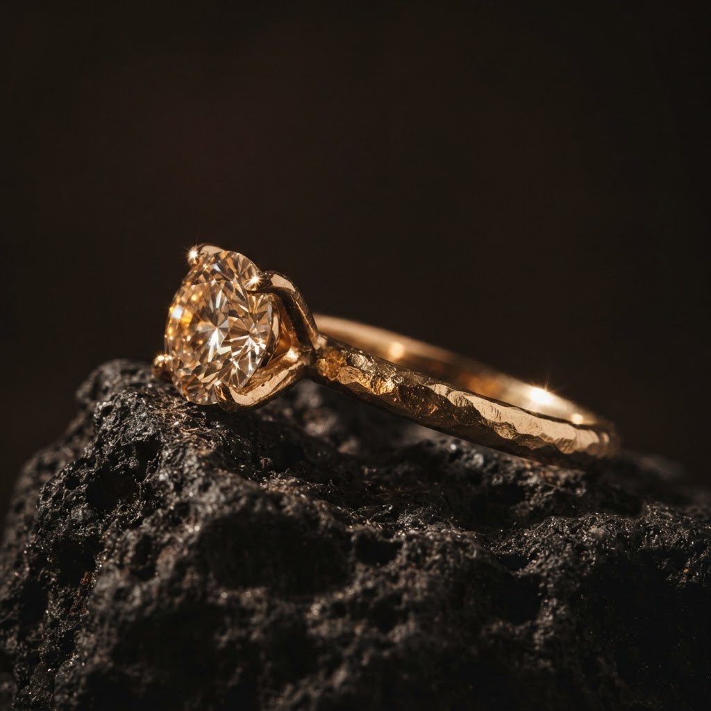 Solitaire diamond ring on hammered gold band